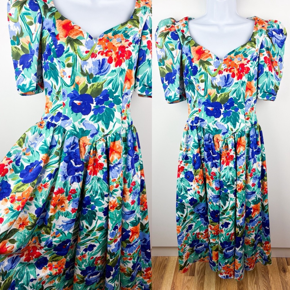 Vintage 80s Floral Basque Waist Pleated Puff Sleeve Midi Dress Golden Girls Blue